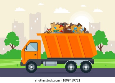 orange garbage truck goes to the dump on the road against the background of the city. flat vector illustration.