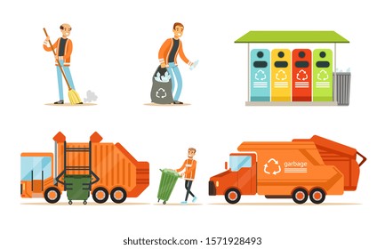 Orange garbage truck and garbage man. Set of vector illustrations.