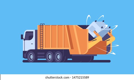 orange garbage truck picking up recycle trash bin urban sanitary vehicle waste transportation street cleaning service concept flat horizontal blue background