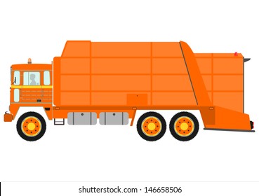 Orange Garbage Truck Silhouette On A White Background.