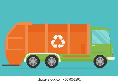 Orange garbage truck transportation. Flat vector.