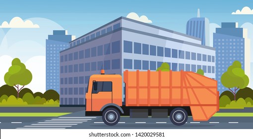 orange garbage truck urban sanitary vehicle moving city road waste recycling concept modern cityscape background flat horizontal vector illustration