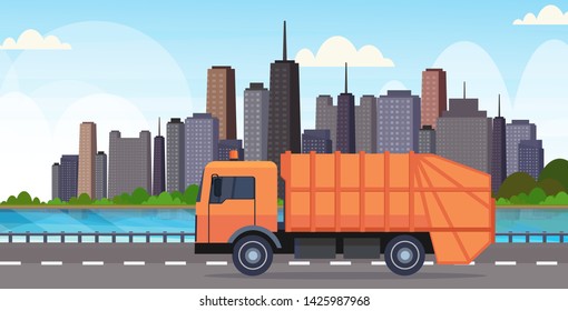 orange garbage truck urban sanitary vehicle moving city highway waste recycling concept modern cityscape background flat horizontal