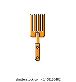 Orange Garden fork icon isolated on white background. Pitchfork icon. Tool for horticulture, agriculture, farming.  Vector Illustration