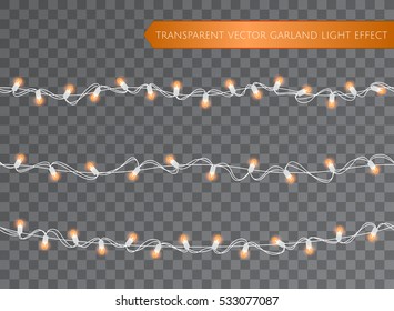 Orange garland set, Christmas decoration lights effects. Isolated transparent vector design elements. Glowing lights for Xmas Holiday greeting card design. Christmas realistic luminous garland.