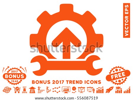 Orange Gear Integration Tools pictogram with bonus 2017 trend pictures. Vector illustration style is flat iconic symbols, white background.