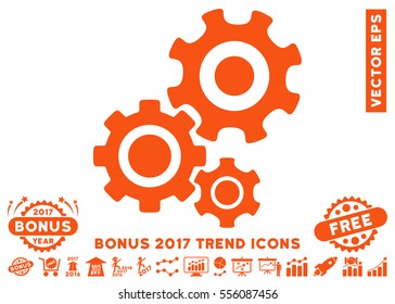 Orange Gear Mechanism pictogram with bonus 2017 trend pictures. Vector illustration style is flat iconic symbols, white background.