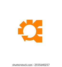 Orange Gear with Sun Solar Energy, Recycle Arrow, and Distributed as E Letter Logo Design Vector