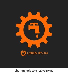 Orange gearwheel with tap sign as plumbing work logo on black background