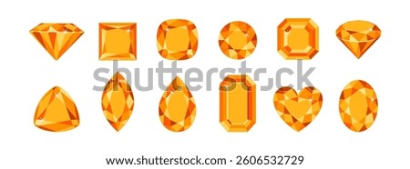Orange gemstones of different shapes isolated on white background. Precious gems set. Vector cartoon flat illustration.