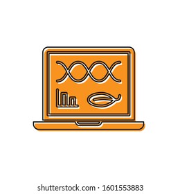 Orange Genetic engineering modification on laptop icon isolated on white background. DNA analysis, genetics testing, cloning.  Vector Illustration