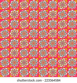 Orange Geometric Seamless Pattern with Stylized Flowers in Squares. Vector Background