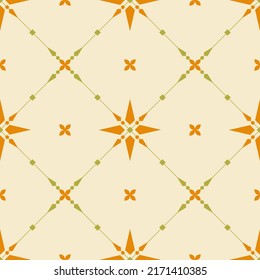 Orange geometric star seamless pattern on orange background with diagonal of green lines. That’s look strong and splendid.