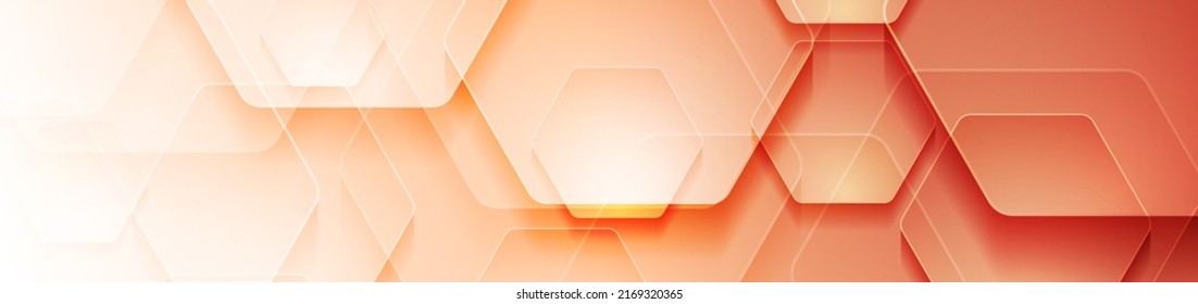 Orange geometric tech background with glossy hexagons. Vector banner design