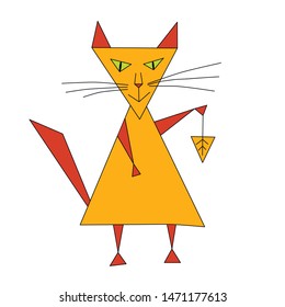 Orange geometric triangle cartoon cat with orange leaf