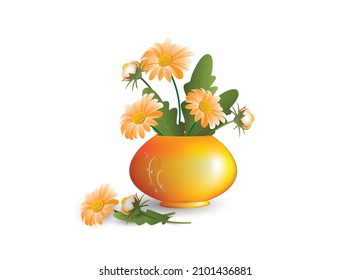 Orange gerbera flowers bouquet in a round yellow ceramic vase, isolated on a white background. Vector sketch for interior design, greeting card, adфOrange gerbera flowers bouquet in a round yellow cer