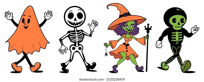 Orange ghost, a smiling skeleton, a green witch in an orange dress and a skeleton in a black and green spacesuit isolated on white background. A retro set of Halloween characters.