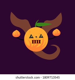 orangefarbener Geist mit Flügeln, die Flammen tragen.  Objekt auf dunkelviolettem Hintergrund.  Halloween-Mystik-Konzept