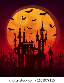 Orange giant moon with scary castle and bats silhouettes on dark red background. Vector halloween poster backdrop.