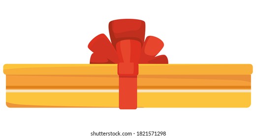 Orange gift box with red bow. Festive decor in cartoon style.