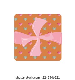 Orange gift box with ribbon isolated object. Flat vector illustration. Valentine s Day Gift box. Top view.