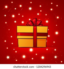 orange gift box with silk ribbon and bow on red background. Glowing star Lights.  Template for celebrating a Birthday, New Year, Christmas,  or other holidays