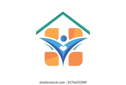 Orange gift home logo Family house care Happy family icon design vector