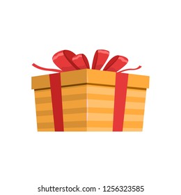 Orange gift with red ribbon illustration. Gift, package, bow. Festive concept. Vector illustration can be used for topics like Christmas, New Year, festivals 