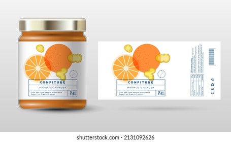 Orange and ginger confiture. Sweet jam. Transparent slices, halves and cut fruits. Label and packaging simple design.