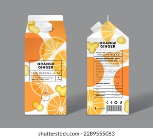 Orange and Ginger juice. Transparent fruits,  slices of fruits and ginger pieces. Template packaging design.