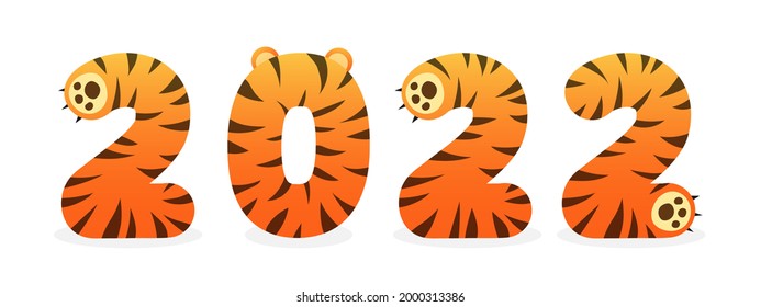 Orange, ginger, yellow flat numbers 2022 with tiger stripes, skin with paws and ears on white background. Animal print. Happy New Year illustration for postcard, banner, decor, design, arts.