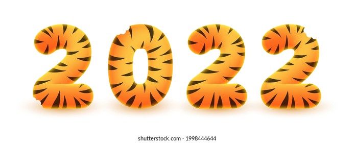 Orange, ginger, yellow numbers 2022 look like 3d rendering with tiger stripes, skin on white background. Animal print. Happy New Year illustration for postcard, banner, decor, design, arts.