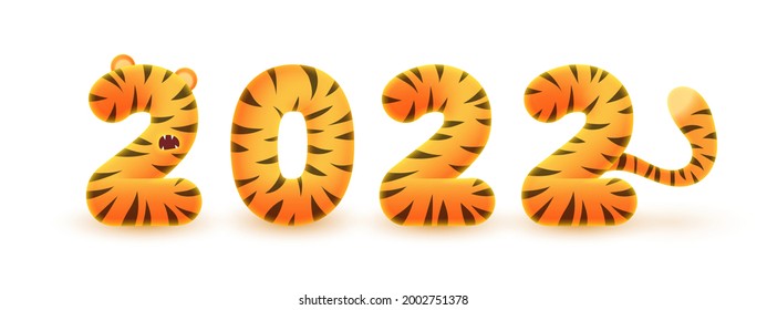 Orange, ginger, yellow numbers 2022 look like 3d rendering with tiger stripes, skin, ears and tail on white background. Animal print. New Year illustration for postcard, banner, decor, design, arts.