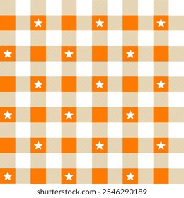 Patrón de Ginham naranja con estrellas. Diseño para el fondo, el paño, la servilleta, la tela y el etc. Ilustración vectorial.