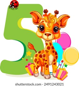 Orange giraffe and number five without background