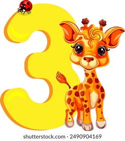 Orange giraffe and number three without background