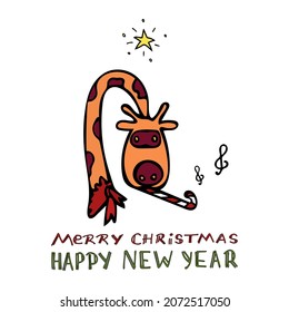 An orange giraffe with a red scarf plays music on a pipe with lettering Merry Christmas and Happy New Year. Notes fly out. Vector illustration in cartoon style. Vector illustration for children s book