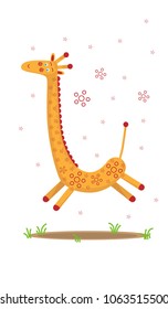 orange giraffe running along the grass beside him whirling red flowers