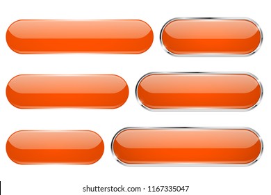 Orange glass 3d buttons. Oval icons set. Vector illustration isolated on white background