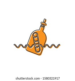 Orange Glass bottle with a message in water icon isolated on white background. Letter in the bottle. Pirates symbol.  Vector Illustration