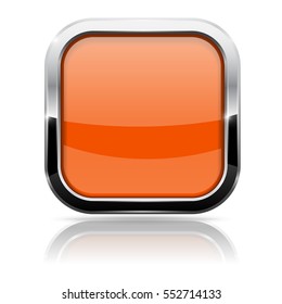 Orange glass button with chrome frame. Vector 3d illustration isolated on white background/