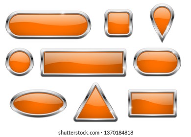 Orange glass buttons with chrome frame. Vector 3d illustration isolated on white background
