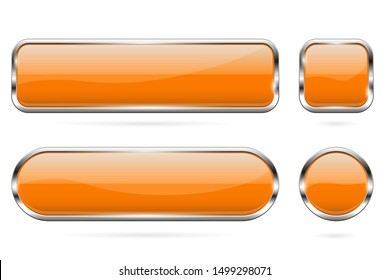 Orange glass buttons. Set of 3d shiny icons with chrome frame. Vector illustration isolated on white background