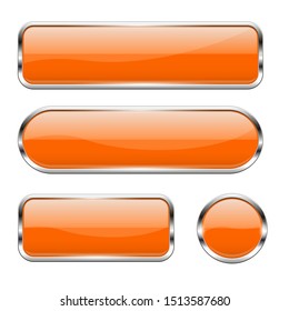 Orange glass buttons. Set of 3d shiny icons with chrome frame. Vector illustration isolated on white background