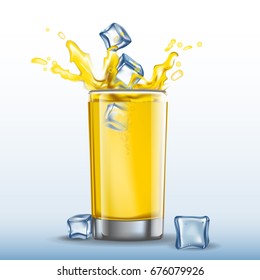 Orange glass with ice-cube splash. Realistic vector image.