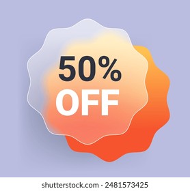 Orange glass morphism label with 50 off sale. Discount vector tag on gray