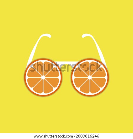 Orange glasses. Creative funny citrus eyeglasses on yellow background. Summer background, poster with sunglasses with bright design. Icon of unusual spectacles. Vector illustration for t-shirt, print