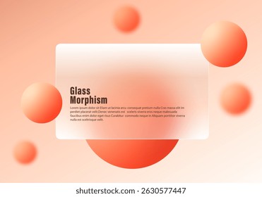 Orange Glasmorphismus Hintergrund mit transparentem Panel und 3D-Kugeln