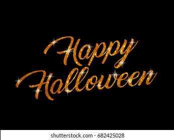 The orange glitter isolated hand writing word HAPPY HALLOWEEN on black background