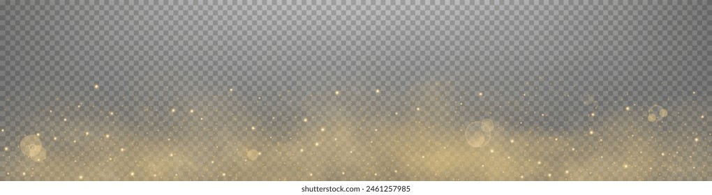 Orange glittering dots, particles, stars magic sparks. Dust cloud flare light effect. Orange luminous points with smoke. Vector particles on transparent background